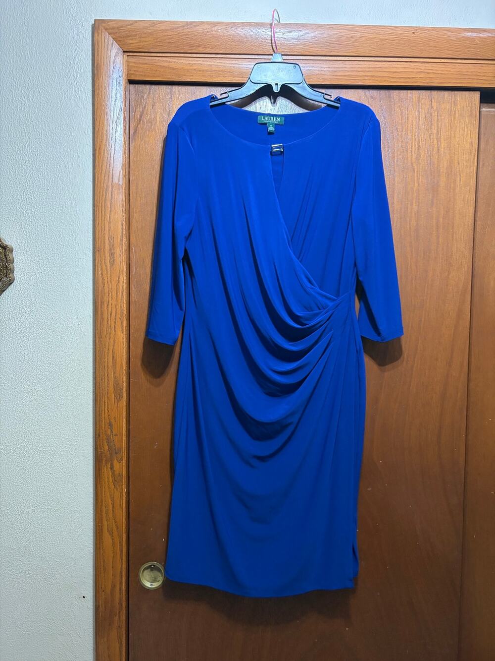Lauren Ralph Lauren Dress Women's 16 Royal Blue Draped Faux Wrap Ruched Midi
